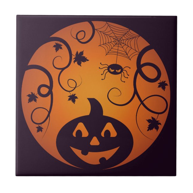 Halloween Jack o lantern pumpkin face and spider Tile (Front)