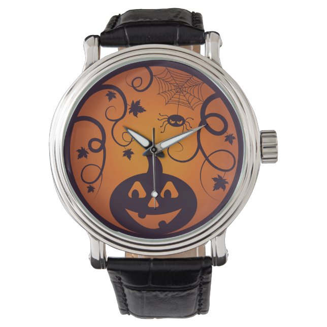 Halloween Jack o lantern pumpkin face and spider Watch (Front)