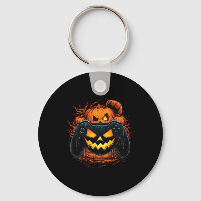 Halloween  Jack O Lantern Pumpkin Face Gamer Gamin Key Ring (Front)