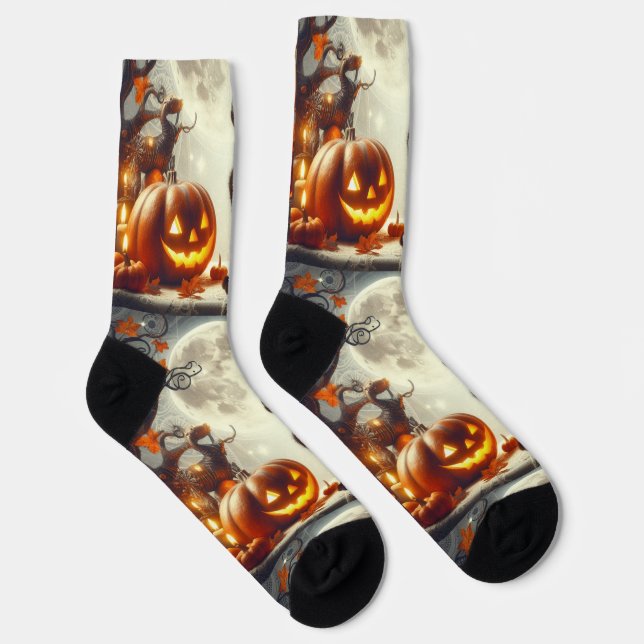 Halloween Jack O' Lantern Pumpkin Print Crew Socks (Right)