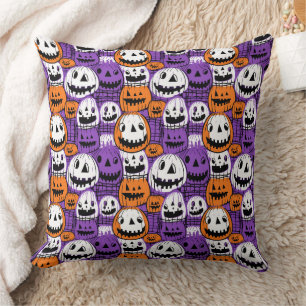 Halloween Jack-O’-Lantern - Purple, Orange, White Cushion