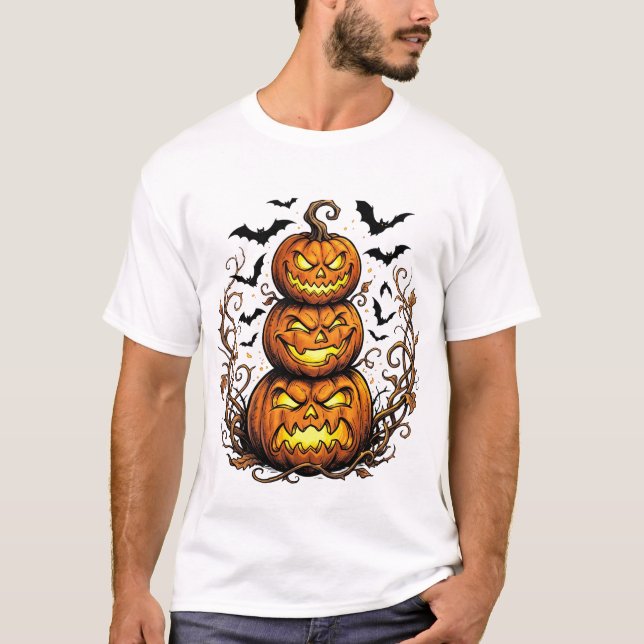Halloween Jack-o-Lantern Stack With Flying Bats T-Shirt (Front)