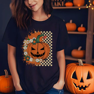 Halloween Jack-o-Lantern with Checkers and Flowers T-Shirt