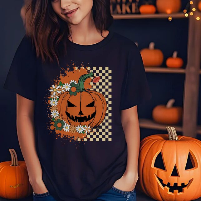 Halloween Jack-o-Lantern with Checkers and Flowers T-Shirt (Creator Uploaded)