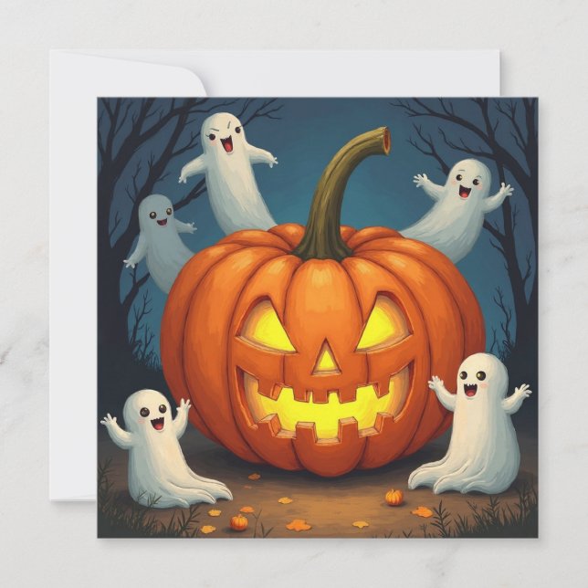 Halloween Jack O'Lantern and Ghost Holiday Card (Front)