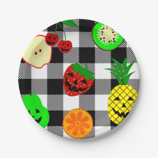 halloween jack o'lantern fruit gingham  paper plate