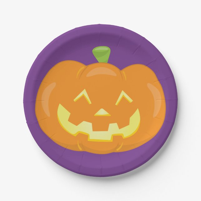 Halloween Jack O'Lantern Pumpkin Purple Orange Paper Plate (Front)