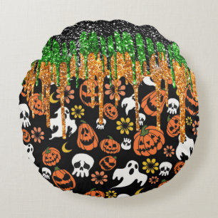 Halloween Jack Olantern Pumpkins, Flying Ghosts Round Cushion