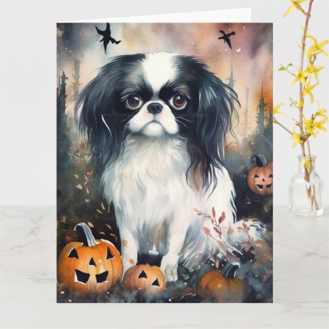 Halloween Japanese Chin With Pumpkins Scary Card (Yellow Flower)