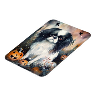 Halloween Japanese Chin With Pumpkins Scary Magnet