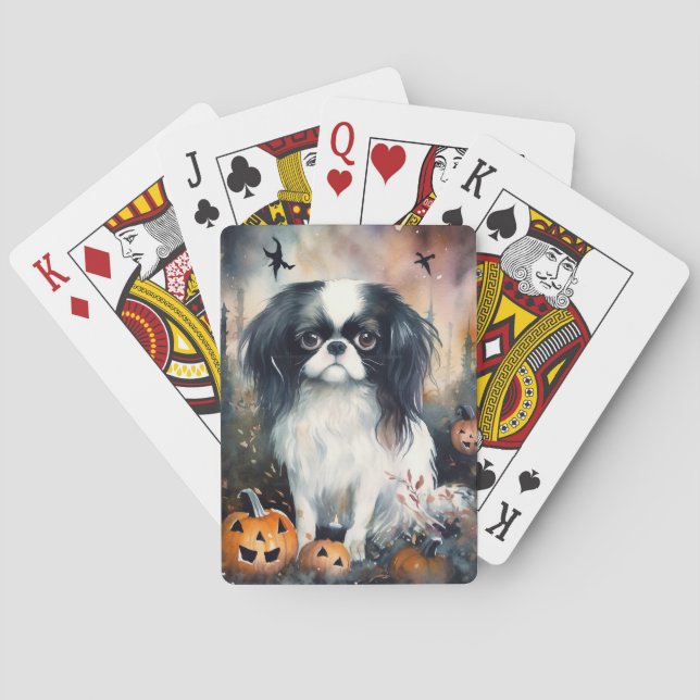 Halloween Japanese Chin With Pumpkins Scary Playing Cards (Back)