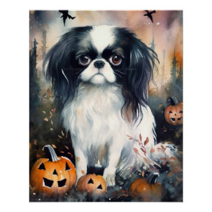 Halloween Japanese Chin With Pumpkins Scary Poster