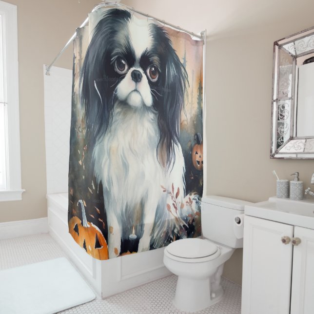 Halloween Japanese Chin With Pumpkins Scary Shower Curtain (In Situ)