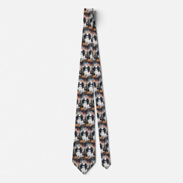 Halloween Japanese Chin With Pumpkins Scary Tie (Front)