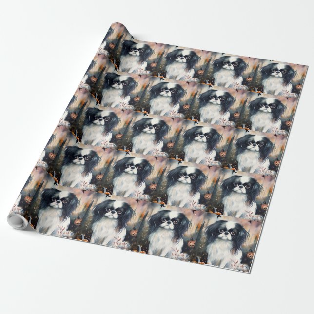Halloween Japanese Chin With Pumpkins Scary Wrapping Paper (Unrolled)