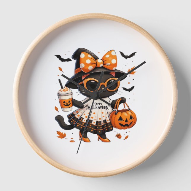 Halloween Kawaii Cat – Witch Cat with Pumpkin and  Clock (Front)