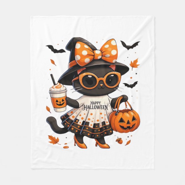 Halloween Kawaii Cat – Witch Cat with Pumpkin and  Fleece Blanket (Front)