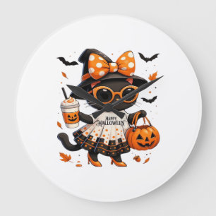 Halloween Kawaii Cat � Witch Cat with Pumpkin and Large Clock