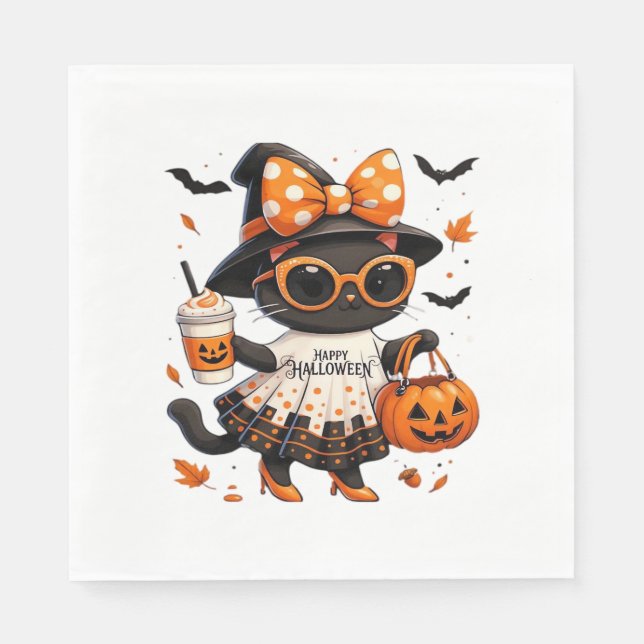 Halloween Kawaii Cat – Witch Cat with Pumpkin and  Napkin (Front)