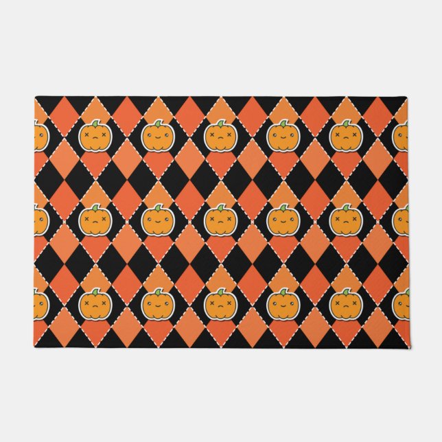 Halloween Kawaii Jack-o-lantern Argyle Doormat (Front)