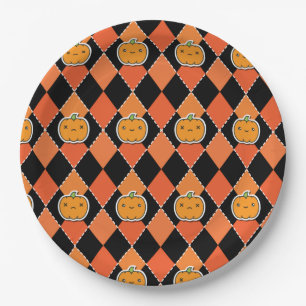 Halloween Kawaii Jack-o-lantern Argyle Paper Plate