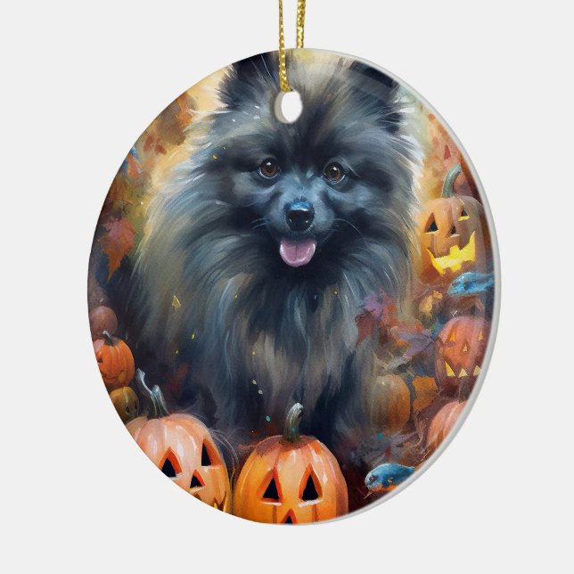 Halloween Keeshond With Pumpkins Scary Ceramic Tree Decoration (Left)