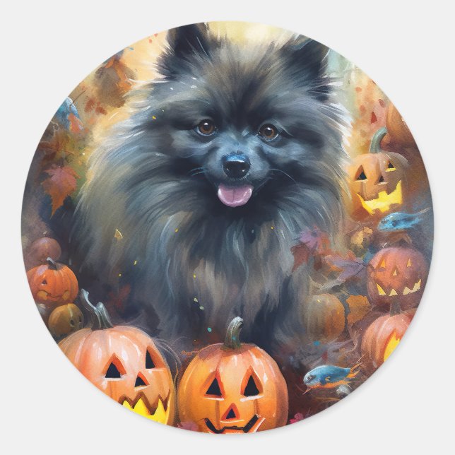 Halloween Keeshond With Pumpkins Scary Classic Round Sticker (Front)
