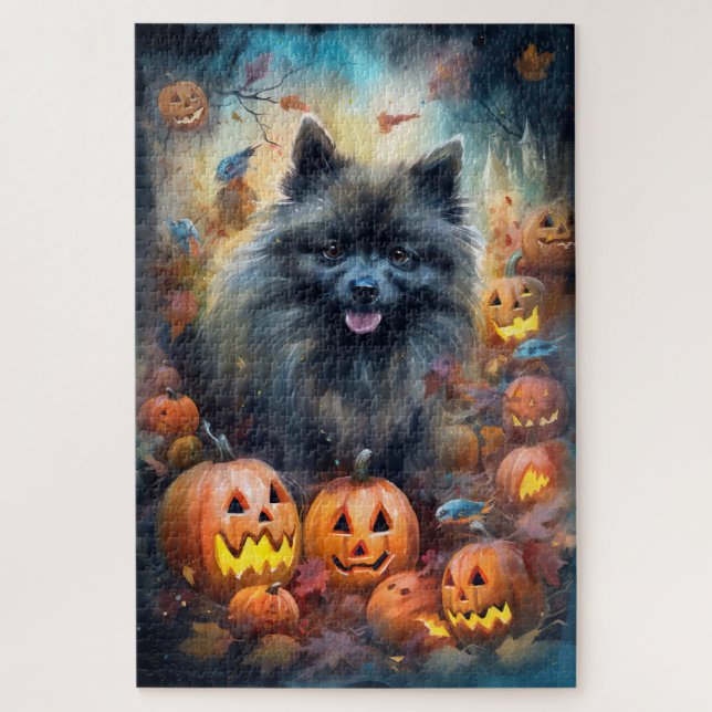 Halloween Keeshond With Pumpkins Scary Jigsaw Puzzle (Vertical)