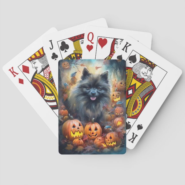 Halloween Keeshond With Pumpkins Scary Playing Cards (Back)