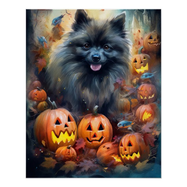 Halloween Keeshond With Pumpkins Scary Poster (Front)