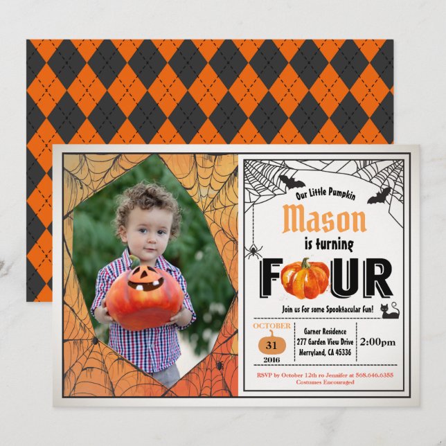 Halloween kid 4th birthday party photo invitation (Front/Back)