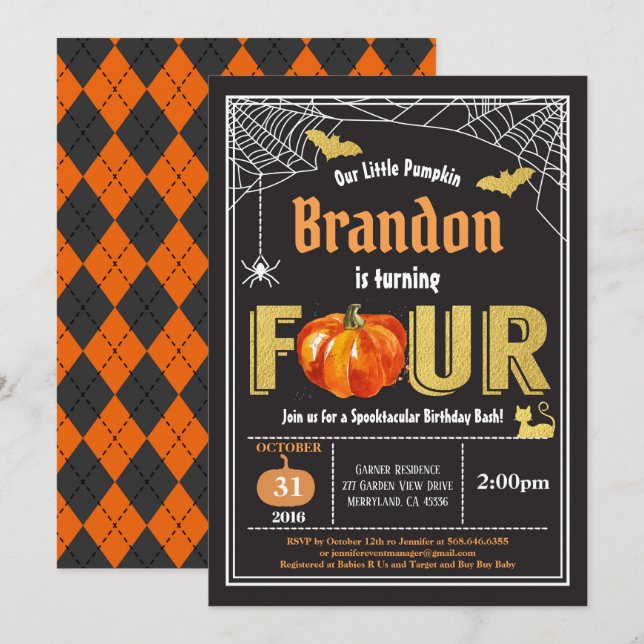 Halloween kids 4th birthday invitation. Black gold Invitation (Front/Back)