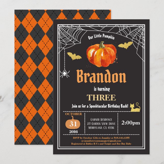 Halloween kids birthday invitation. Black and gold Invitation (Front/Back)