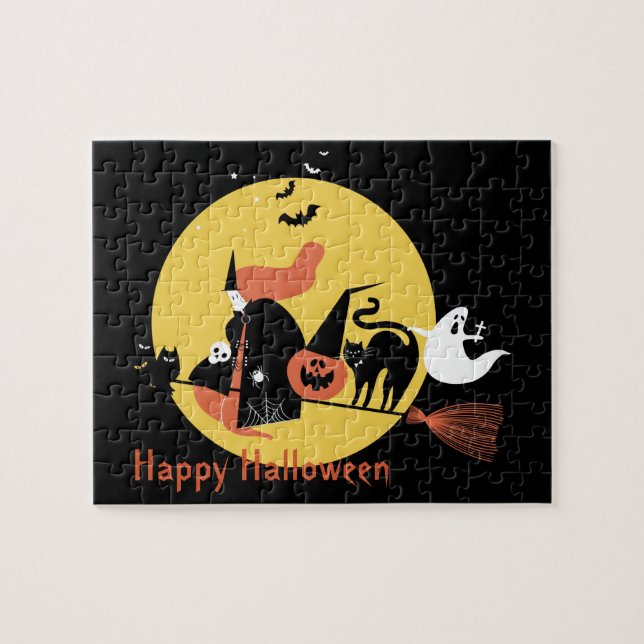 Halloween Kids Black Scary Cartoon Moon Witch Cute Jigsaw Puzzle (Horizontal)