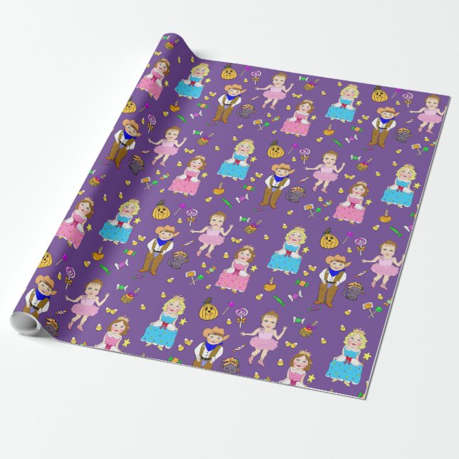 Halloween Kids Cowboys, Princesses and Ballerinas Wrapping Paper (Unrolled)