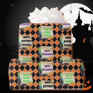 Halloween Kids Name Frankenstein Birthday Custom Wrapping Paper
