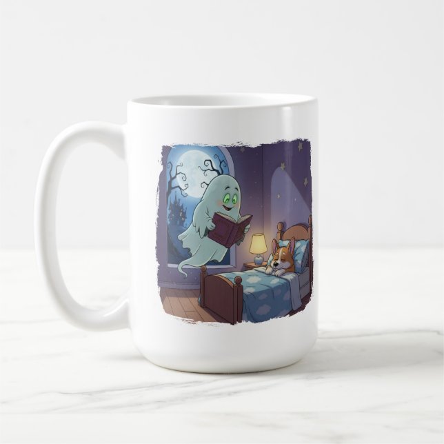 Halloween Kids Spooky Ghost and Corgi  Coffee Mug (Left)