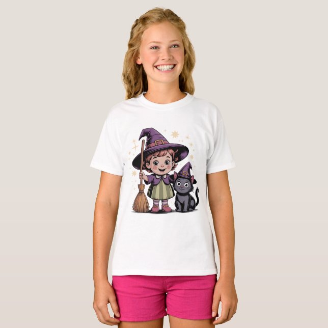 Halloween Kids Witch Girl Cat T-Shirt (Front Full)
