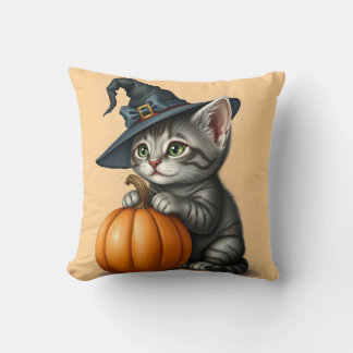 Halloween Kitten, Halloween Cat Wearing Witch Hat, Cushion