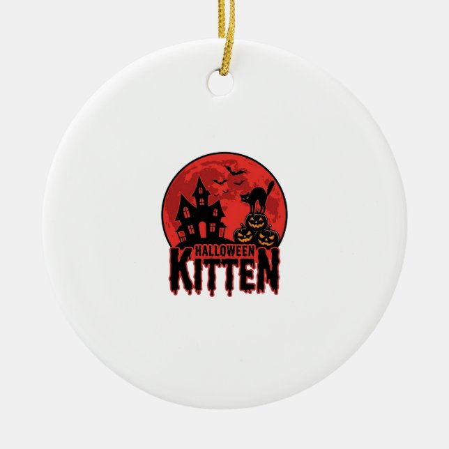 Halloween Kitten Haunted House Cat Graphic_1 Ceramic Tree Decoration (Front)