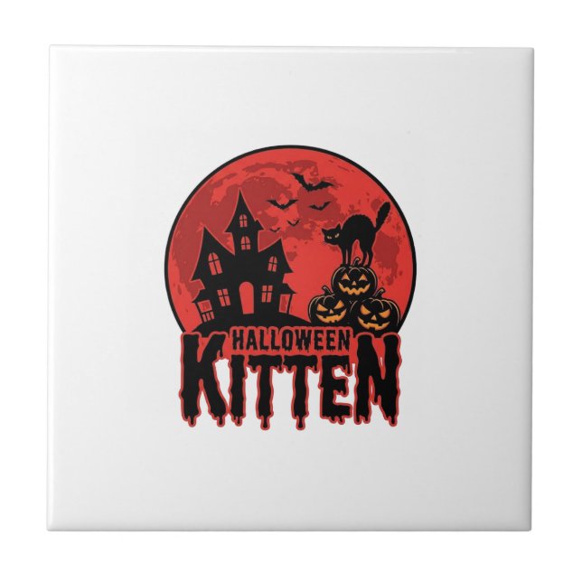 Halloween Kitten Haunted House Cat Graphic_1 Tile (Front)