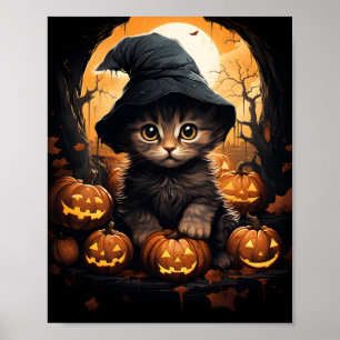 Halloween Kitten Witch With Leaves And Pumpkins Poster
