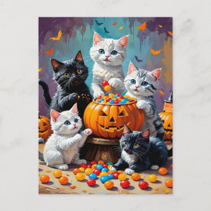  Halloween Kittens and Pumpkin Candy Bowl Postcard