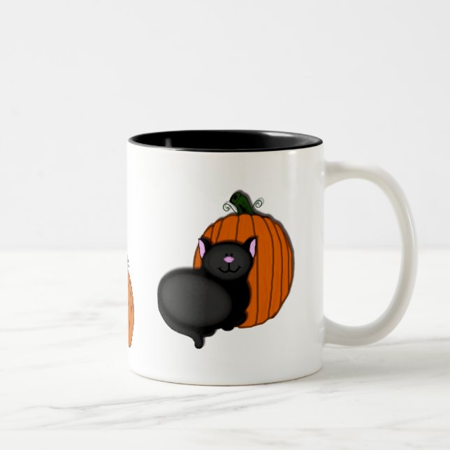 Halloween Kitty and Pumpkin Two-Tone Coffee Mug (Right)