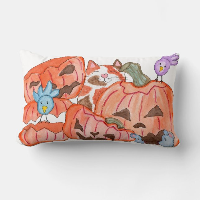 Halloween Kitty and Smashed Pumpkins Lumbar Cushion (Front)