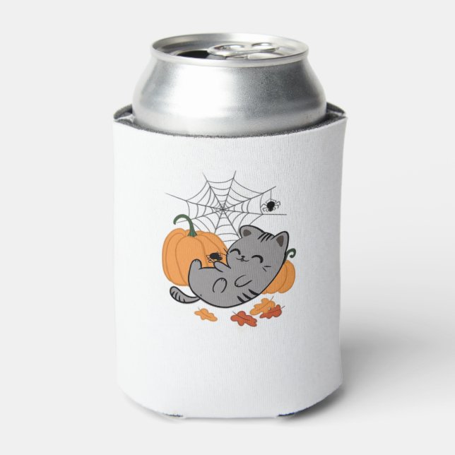 Halloween Kitty and Spiders Classic T-Shirt Can Cooler (Can Front)