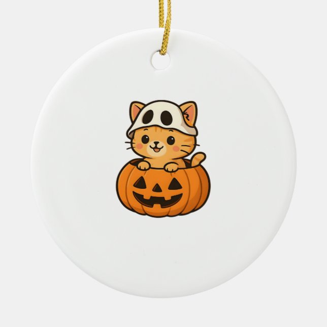 Halloween Kitty inside a pumpkin Classic T-Shirt Ceramic Tree Decoration (Front)