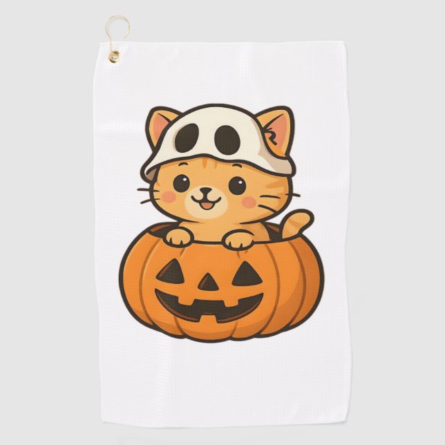 Halloween Kitty inside a pumpkin Classic T-Shirt Golf Towel (Front)