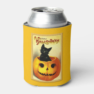 Halloween Kitty Sitting in Jack O Lantern Can Cool Cooler