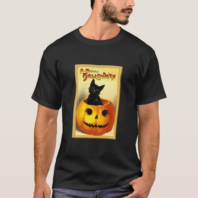 Halloween Kitty Sitting in Jack O Lantern T-Shirt (Front)
